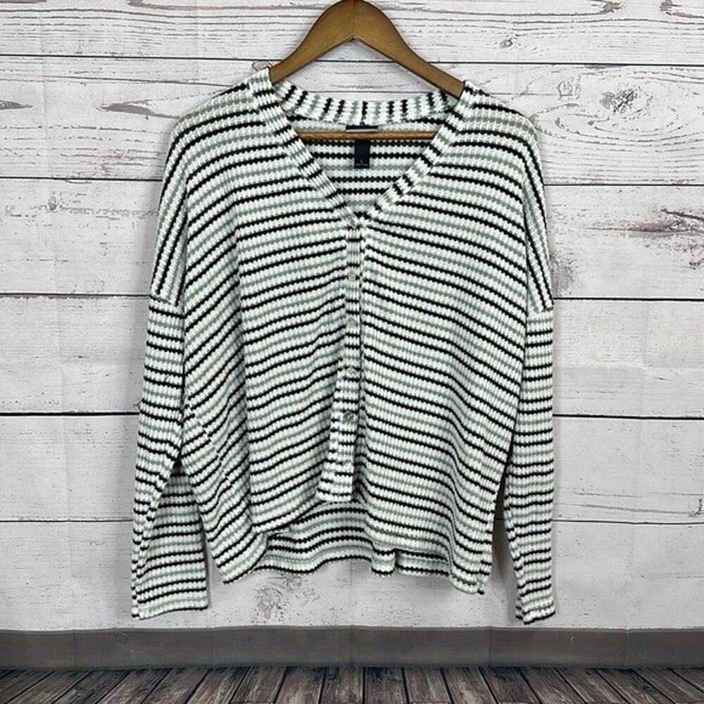 Daytrip Top Shirt Womens Large White Gray Striped Waffle‎ Knit Boxy Casual